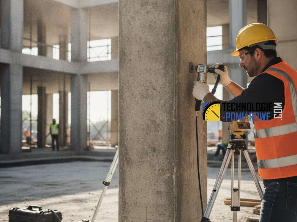 Inżynier wykonujący badanie wytrzymałości betonu młotkiem Schmidta na konstrukcji betonowej in-situ.