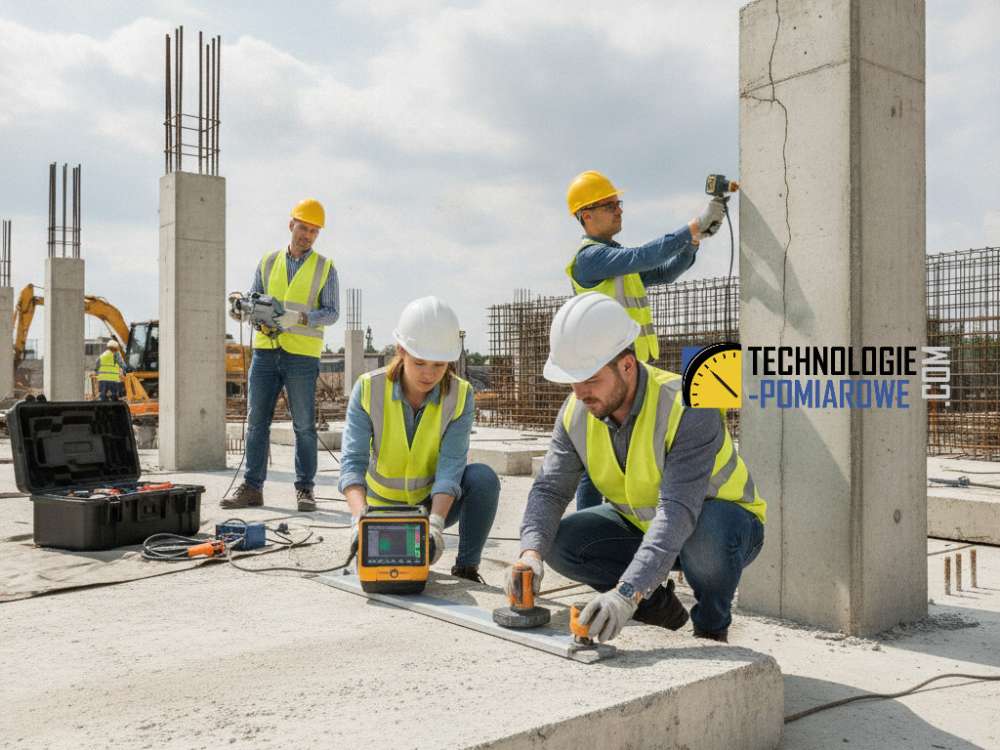 Inżynier wykonujący diagnostykę betonu i żelbetu in-situ metodą sklerometrii na placu budowy.